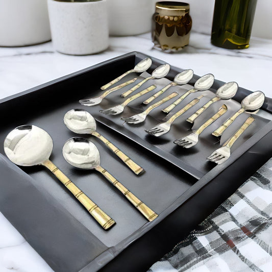 Nyra® Stainless Steel Brass Traditional Designed Serving Kitchenware Utensil Cutlery Set of 15 Pcs