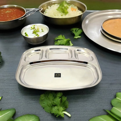 Stainless-Steel rectangle-shaped Bhojan Thali | Sturdy 4 in 1 compartments | Glossy finish Dosa Thali