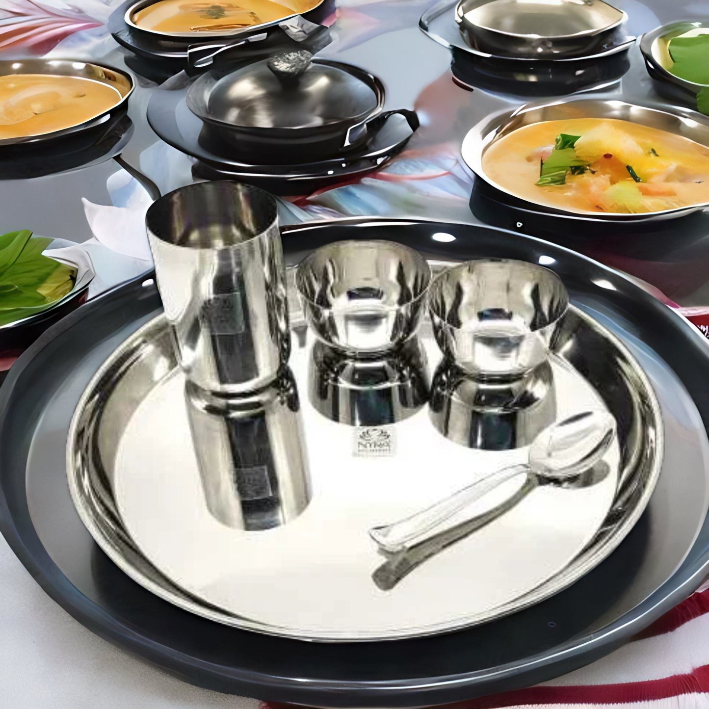 Stainless Steel Premium Thali/Dinner Set of 5-Pieces (1 Thali, 1 Glass, 1 Spoon & 2 Bowls) Dinnerware | Tableware, Silver