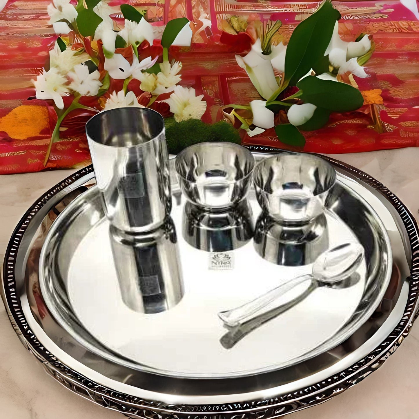 Stainless Steel Premium Thali/Dinner Set of 5-Pieces (1 Thali, 1 Glass, 1 Spoon & 2 Bowls) Dinnerware | Tableware, Silver