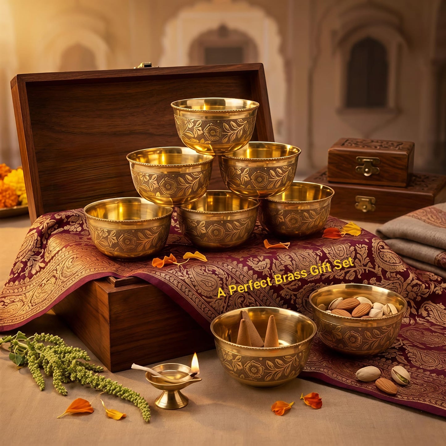 Traditional Brass/Peetal Katori | Embedded Floral Design