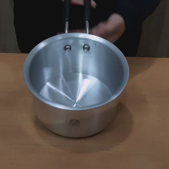 showing in hand aluminium Saucepan