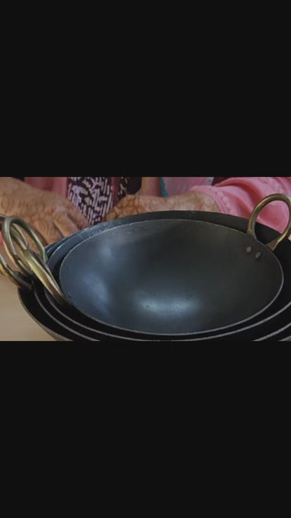 Black Iron Wok with Golden Handles | Heavy Duty Iron Kadhai for Frying, Sautéing & Traditional Cooking | Deep Round Bottom Matte Black Finish | Premium Iron Cookware