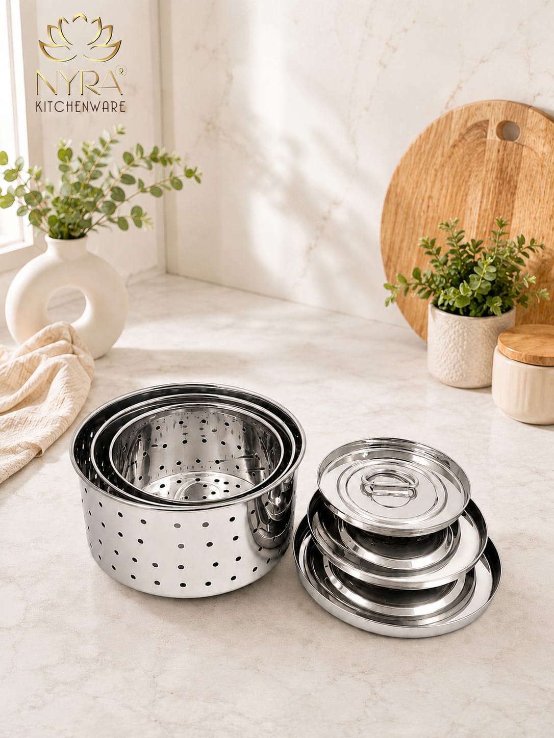 Stainless Steel Round Paneer Mould & Press Set (3 Pcs) - Glossy, Food-Grade for Homemade Cheese