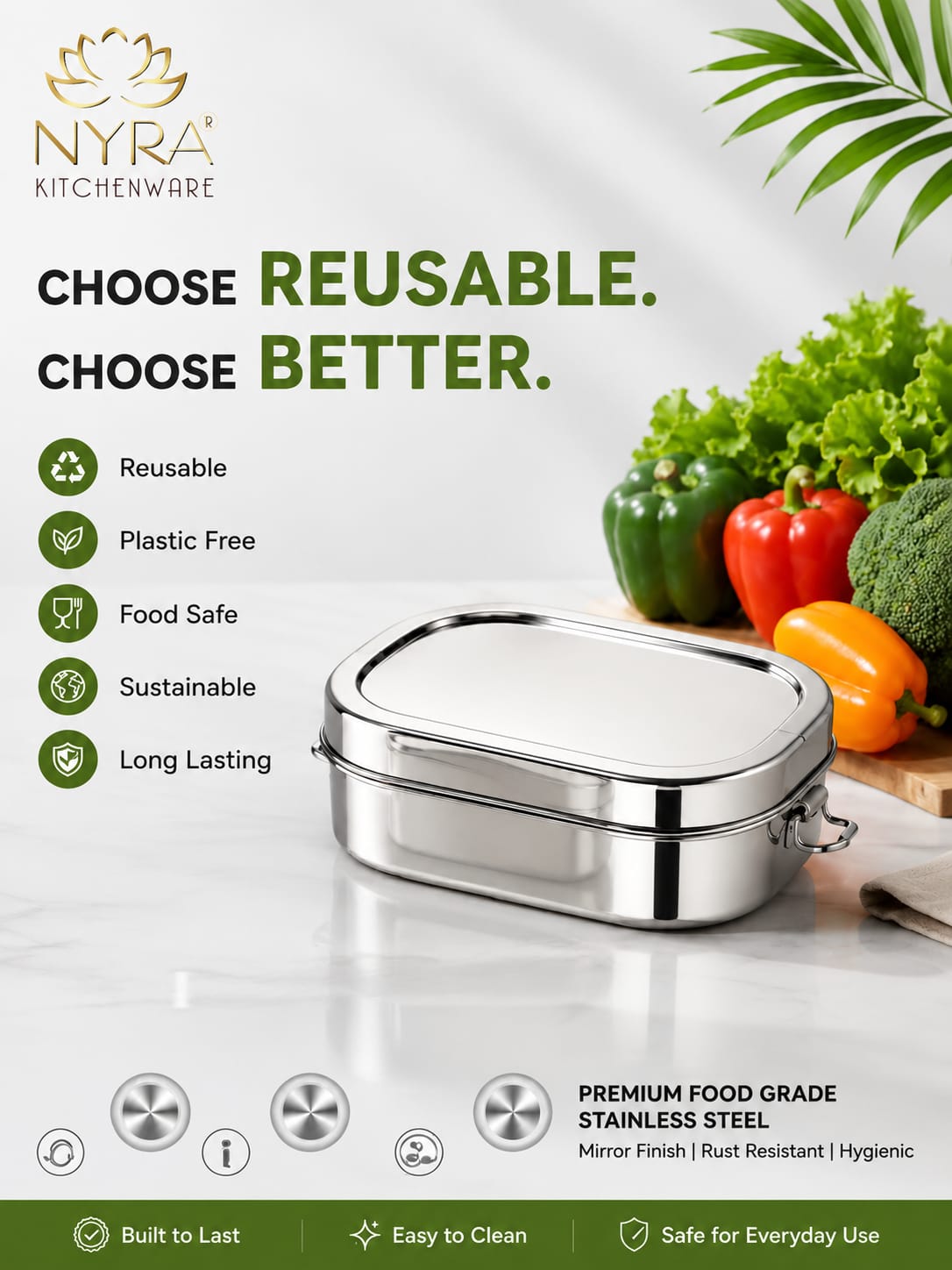 Stainless Steel Rectangle Lunch Box with 1 Small Box