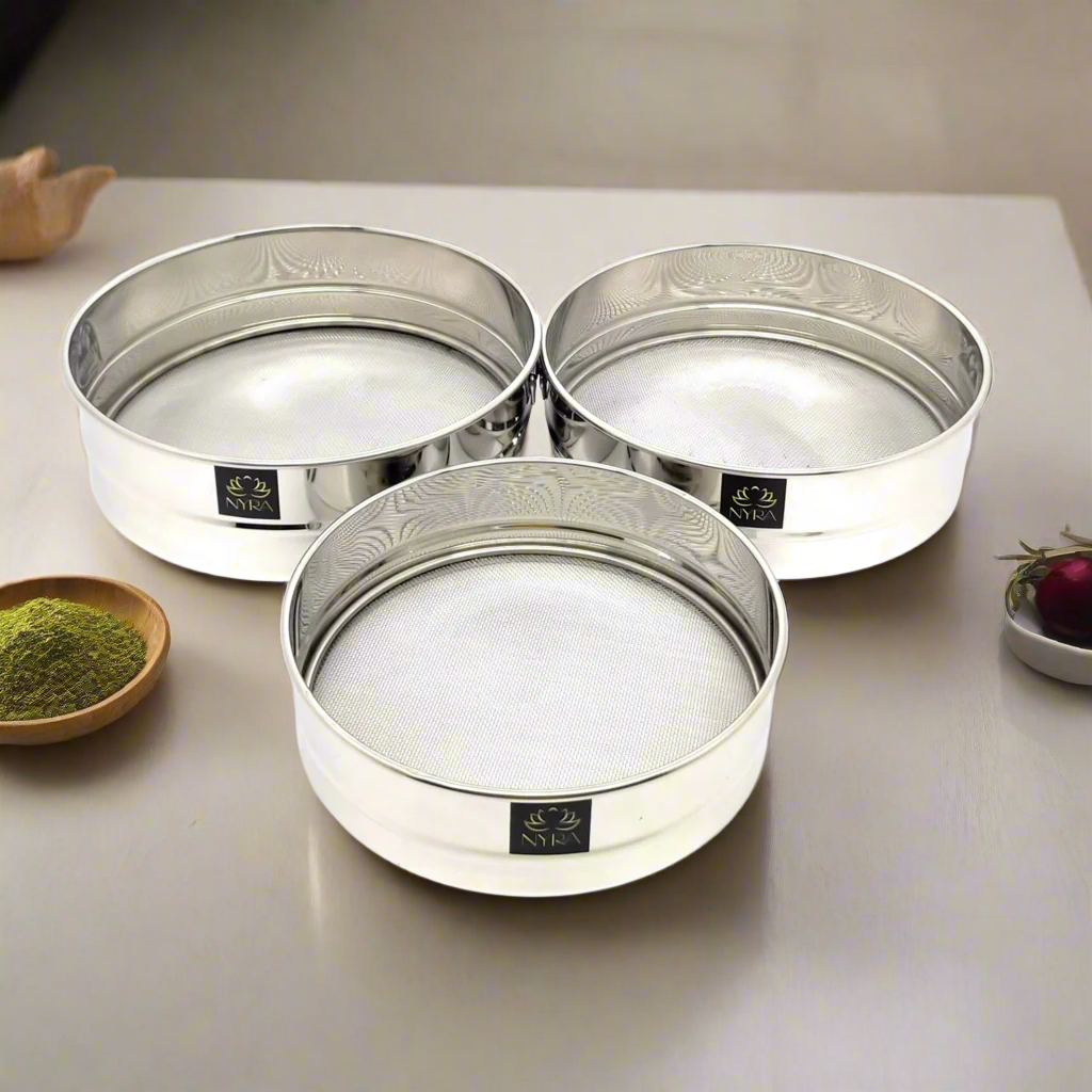 Stainless Steel Fine Mesh Seive | Aata Chalni – Ideal for Kitchen Sifting | Set of 3