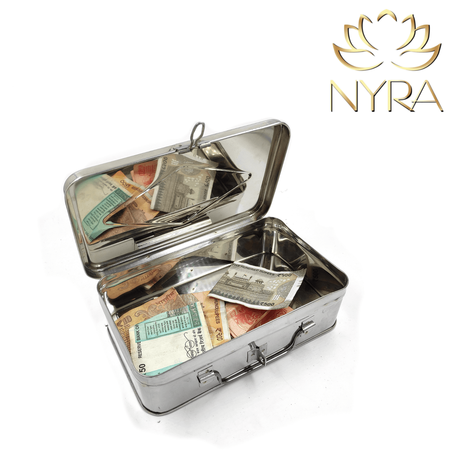 Nyra Stainless Steel Rectangular Cash Box - Manual Locker - Jewelry Box - Secure Storage for Home, Office, Retail Shop, and More - Available in 5 Sizes