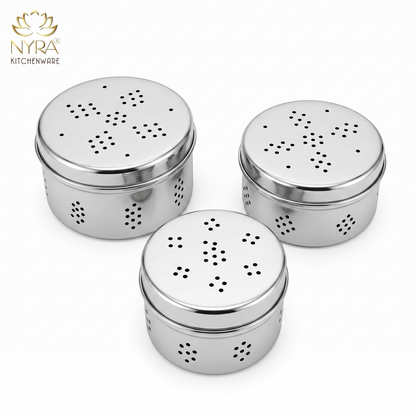 Stainless Steel Coriander Storage Box with Air Ventilation Holes | Dhaniya Dibbi - Set of 3