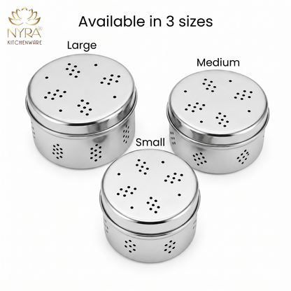 Stainless Steel Round Dibbi/Dabba | Ventilated Dhaniya & Spice Box