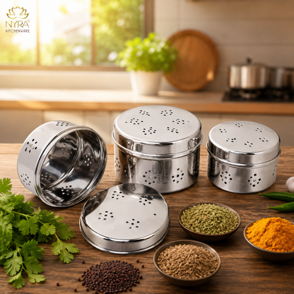 Stainless Steel Coriander Storage Box with Air Ventilation Holes | Dhaniya Dibbi - Set of 3