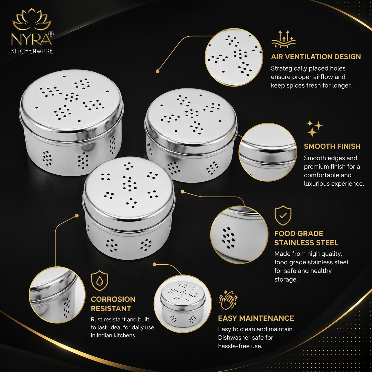 Stainless Steel Coriander Storage Box with Air Ventilation Holes | Dhaniya Dibbi - Set of 3