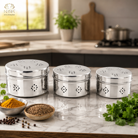 Stainless Steel Coriander Storage Box with Air Ventilation Holes | Dhaniya Dibbi - Set of 3