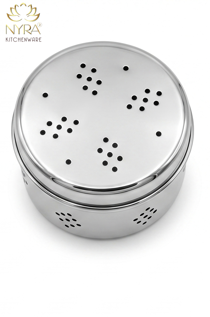 Stainless Steel Round Dibbi/Dabba | Ventilated Dhaniya & Spice Box