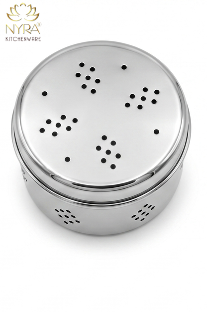 Stainless Steel Round Dibbi/Dabba | Ventilated Dhaniya & Spice Box