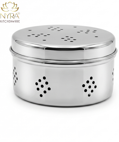 Stainless Steel Round Dibbi/Dabba | Ventilated Dhaniya & Spice Box
