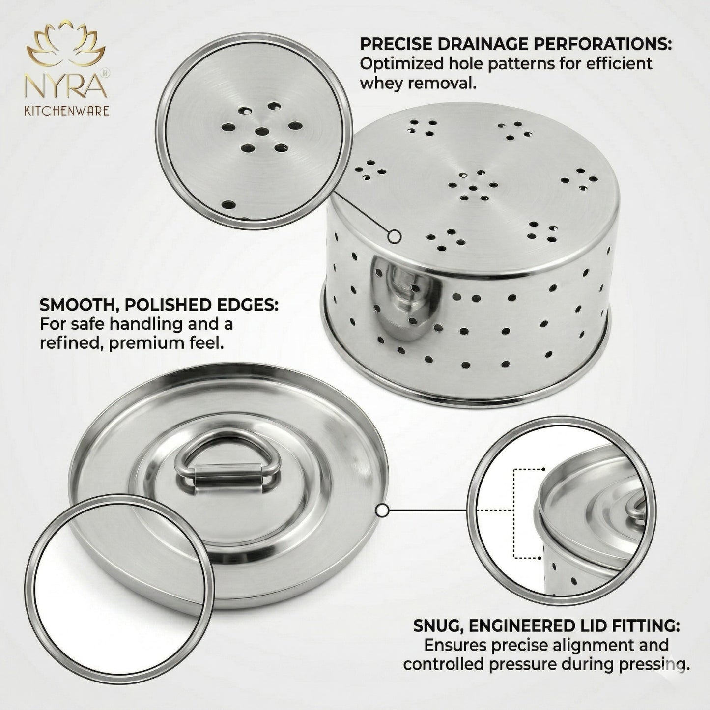 Stainless Steel Glossy-Finish Round Cheese/Paneer Maker - Quick Press Mould - 3 Sizes