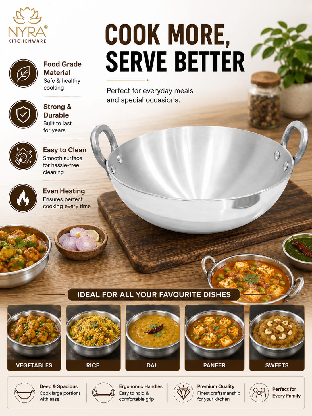 Aluminium Wok/Kadhai with Sturdy Handle - 4 Sizes