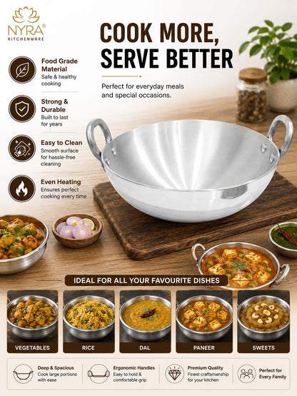 Aluminium Wok/Kadhai with Sturdy Handle - 4 Sizes