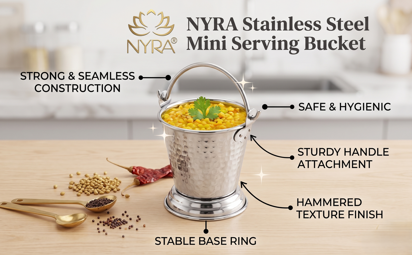 Stainless Steel mini-serving Balti | Hammered Design Serving Bucket - Traditional Serveware for Home, Restaurants & Dhabas