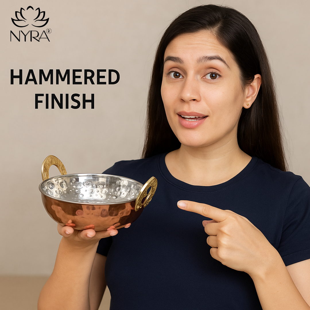 Woman holding a hammered metal bowl with 'NYRA' branding and text about a 'Hammered Finish'.