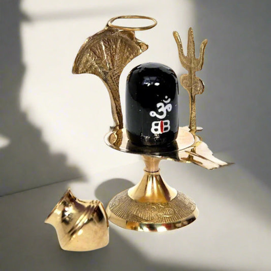 Pure Brass Shivling with Black Lingam, Trishul & Kalash | Mahadev Shivling Statue for Home Temple Decor | Shiva Lingam Brass Pooja Item