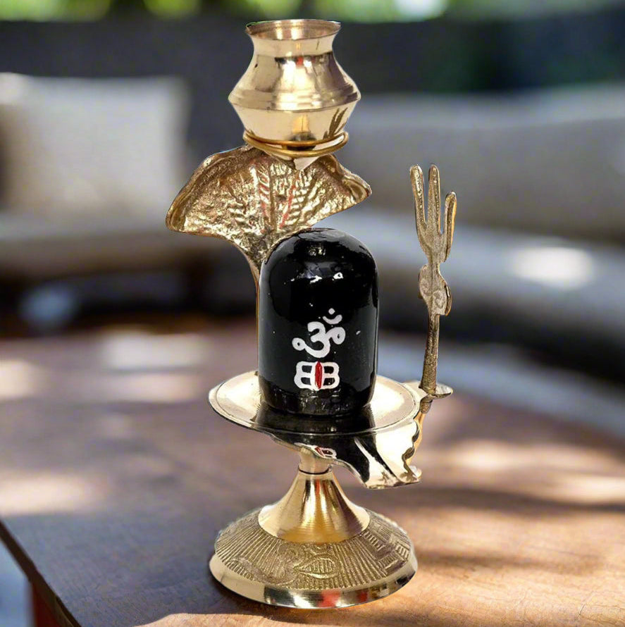 Pure Brass Shivling with Black Lingam, Trishul & Kalash | Mahadev Shivling Statue for Home Temple Decor | Shiva Lingam Brass Pooja Item