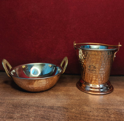 Copper Hammered Wok & Bucket Set - Traditional Serveware Set | Stainless Steel Inside & Copper Outside Balti & Kadhai