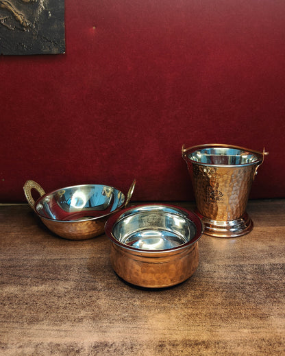 Copper Serving Handi, Bucket & Wok | Hammered Serveware Set of 3 - Copper with Stainless Steel Inside |