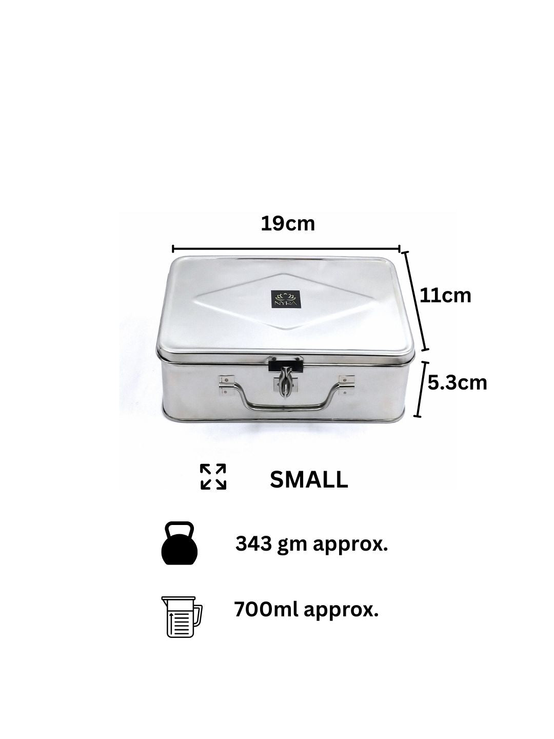 Measurement chart of a small metal box with dimensions and weight on a white background