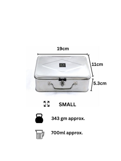 Measurement chart of a small metal box with dimensions and weight on a white background