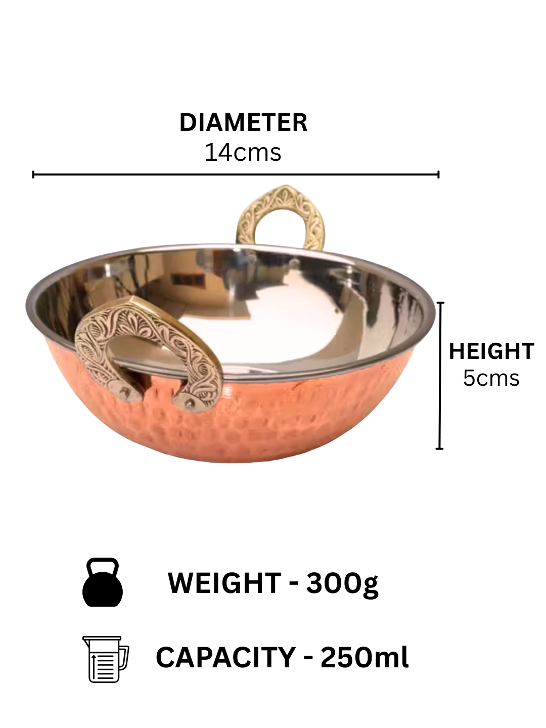 Copper Serving Kadhai/Wok Insulated with Stainless Steel | Hammered Tableware for Homes, Restaurants & Hotels