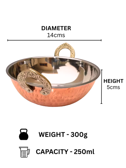 Copper Serving Kadhai/Wok Insulated with Stainless Steel | Hammered Tableware for Homes, Restaurants & Hotels