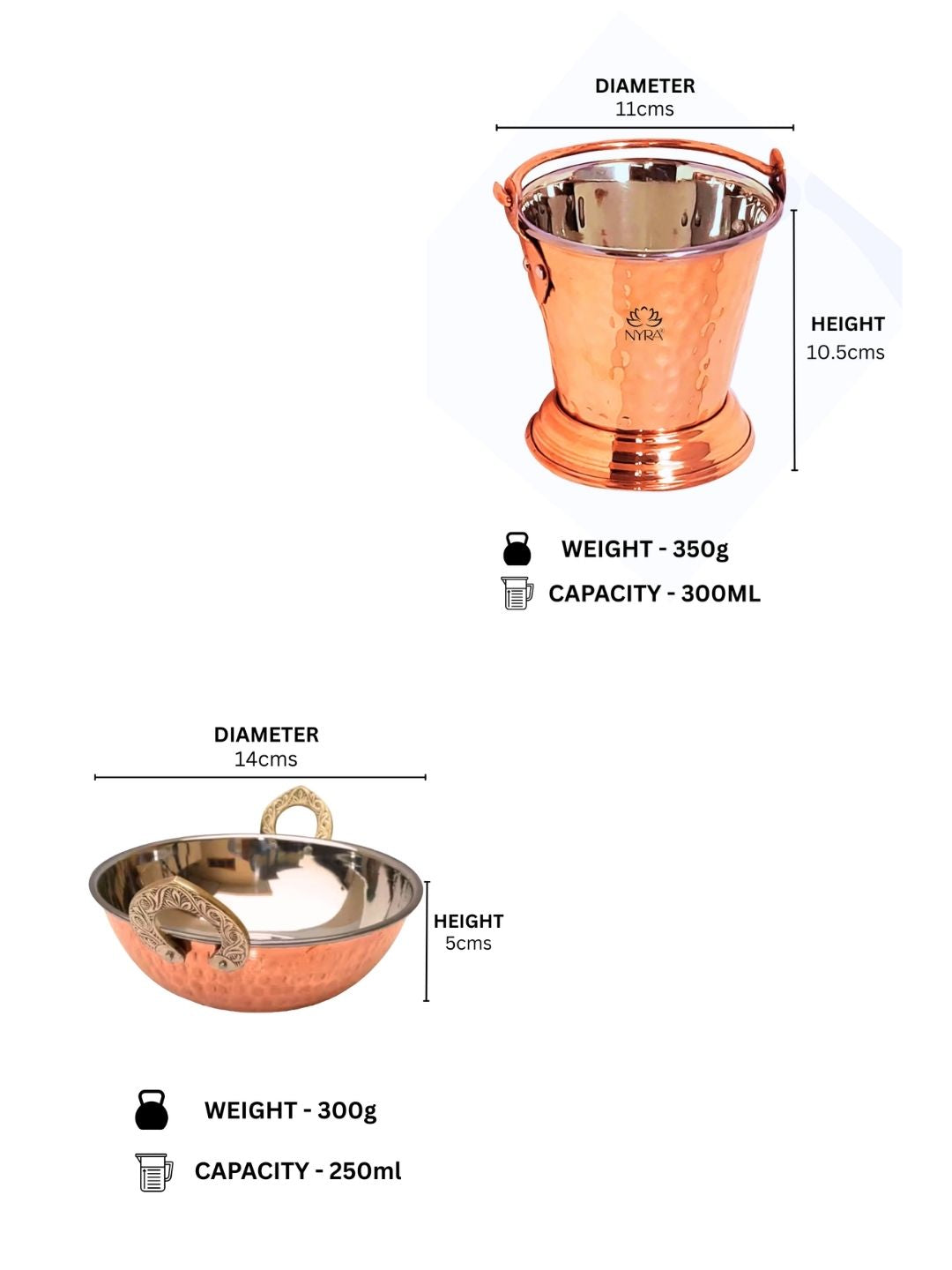 Copper Hammered Wok & Bucket Set - Traditional Serveware Set | Stainless Steel Inside & Copper Outside Balti & Kadhai
