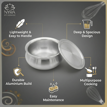 Aluminum Handi with Lid - Glossy Finish Cooking Pot - 4 Sizes