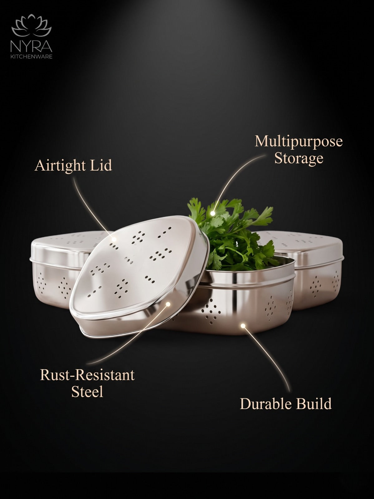 Stainless Steel Square-shaped Coriander/ Multipurpose Storage Container with Air Ventilation Holes - Set of 3 Pcs
