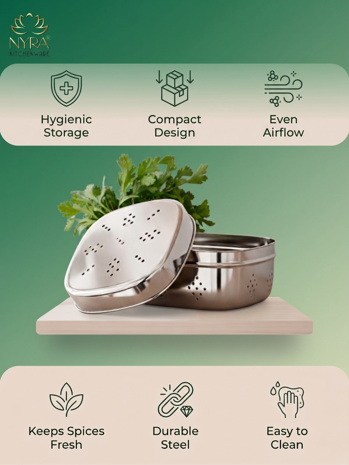 Stainless Steel Square-shaped Coriander/ Multipurpose Storage Container with Air Ventilation Holes - Set of 3 Pcs