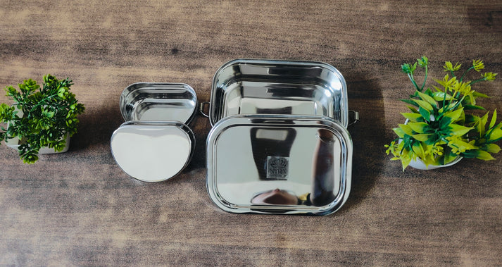 Stainless Steel Rectangular Lunch Box | Leak-Proof Tiffin with Inner Container & Locking Clip