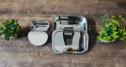 Stainless Steel Rectangular Lunch Box | Leak-Proof Tiffin with Inner Container & Locking Clip