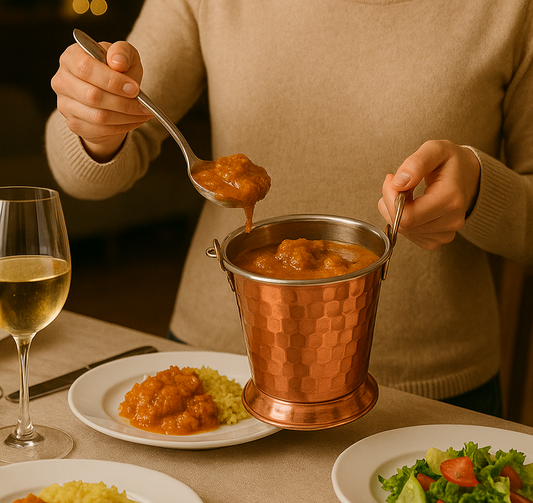Person serving food from a copper container with plates of food on a table.