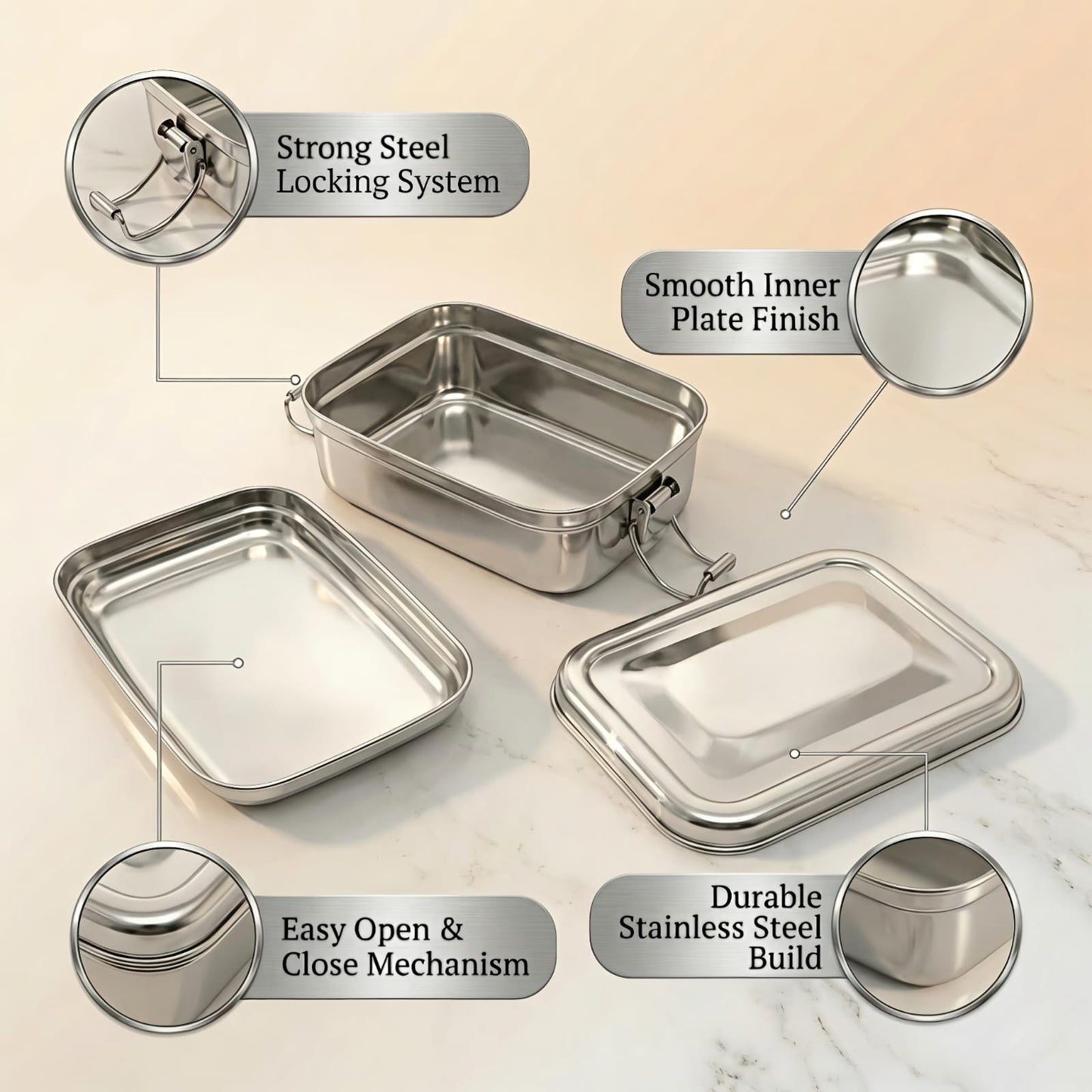 Stainless Steel Food Pack Lunch Box with Locking Clip