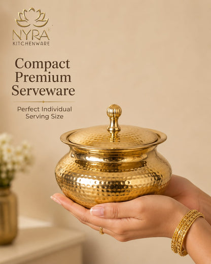 Handcrafted Artisan Brass Sipri Handi with Lid - Traditional Indian Kalai Coated | Luxury Heritage Hammered Cookware & Tableware