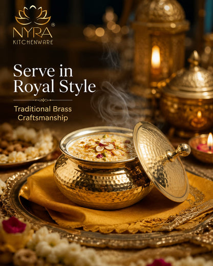 Handcrafted Artisan Brass Sipri Handi with Lid - Traditional Indian Kalai Coated | Luxury Heritage Hammered Cookware & Tableware