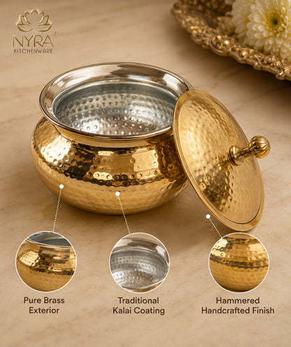 Handcrafted Artisan Brass Sipri Handi with Lid - Traditional Indian Kalai Coated | Luxury Heritage Hammered Cookware & Tableware