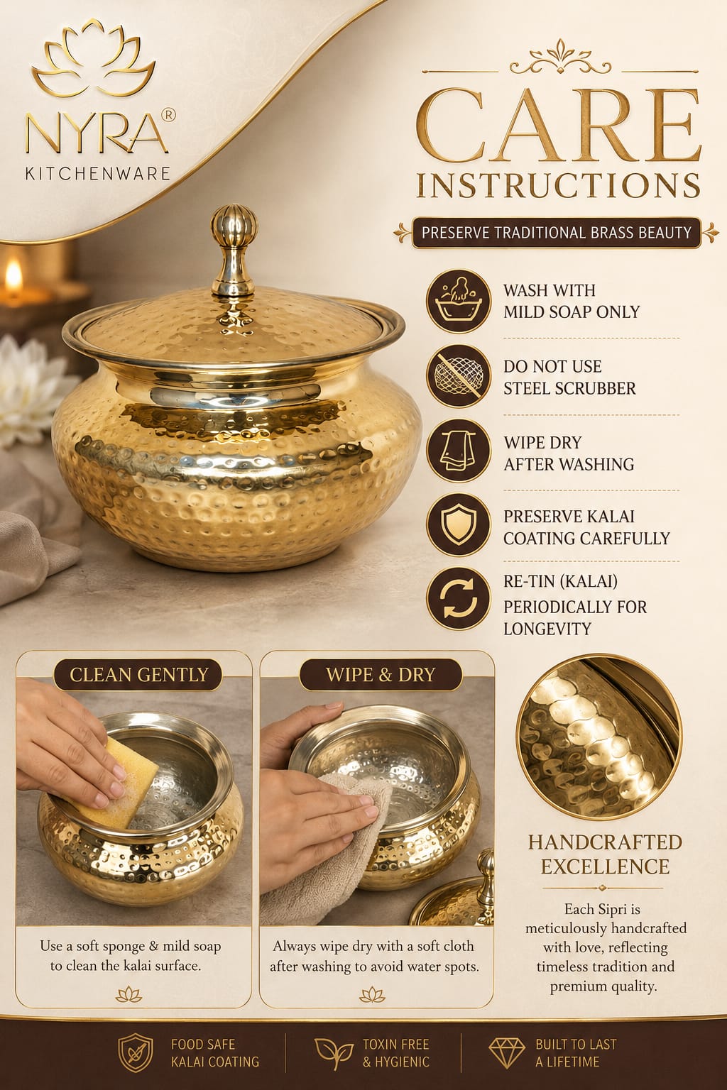 Handcrafted Artisan Brass Sipri Handi with Lid - Traditional Indian Kalai Coated | Luxury Heritage Hammered Cookware & Tableware