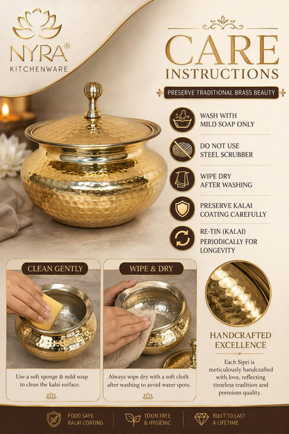 Handcrafted Artisan Brass Sipri Handi with Lid - Traditional Indian Kalai Coated | Luxury Heritage Hammered Cookware & Tableware