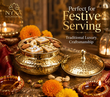 Handcrafted Artisan Brass Sipri Handi with Lid - Traditional Indian Kalai Coated | Luxury Heritage Hammered Cookware & Tableware