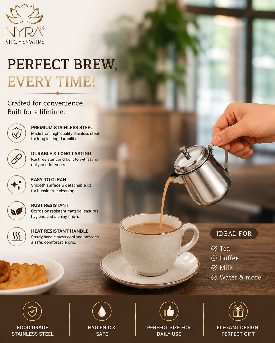 NYRA Stainless Steel Tea Pot with Lid | Glossy Mirror Finish Tea Serving Pot | Heavy Gauge Food Grade Steel Chai Pot for Tea & Coffee Serving | 3 No (9 cm) / 4 No (10 cm) | 1 Pc