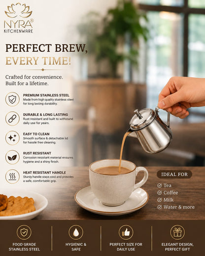 NYRA Stainless Steel Tea Pot with Lid | Glossy Mirror Finish Tea Serving Pot | Heavy Gauge Food Grade Steel Chai Pot for Tea & Coffee Serving | 3 No (9 cm) / 4 No (10 cm) | 1 Pc