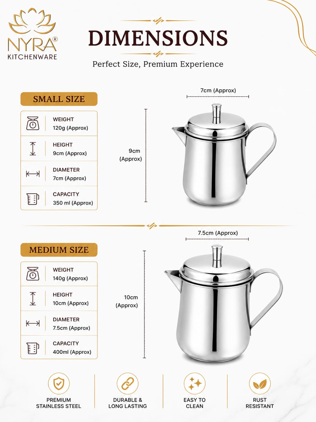 NYRA Stainless Steel Tea Pot with Lid | Glossy Mirror Finish Tea Serving Pot | Heavy Gauge Food Grade Steel Chai Pot for Tea & Coffee Serving | 3 No (9 cm) / 4 No (10 cm) | 1 Pc
