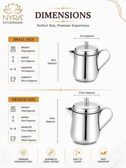 NYRA Stainless Steel Tea Pot with Lid | Glossy Mirror Finish Tea Serving Pot | Heavy Gauge Food Grade Steel Chai Pot for Tea & Coffee Serving | 3 No (9 cm) / 4 No (10 cm) | 1 Pc